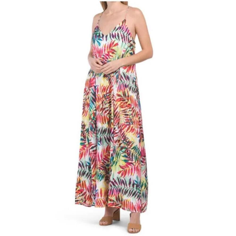 NICOLE MILLER NEW YORK Fern Print Matte Charmuse Women's Maxi Dress Sz LARGE  #Z